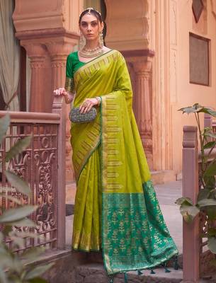 green  colour dola silk blend printed saree with blouse  1