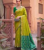 green  colour dola silk blend printed saree with blouse 