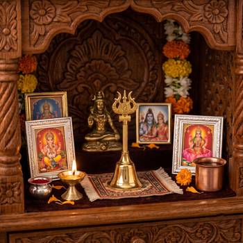 Brass gold bell with mahakal trishul stem 4
