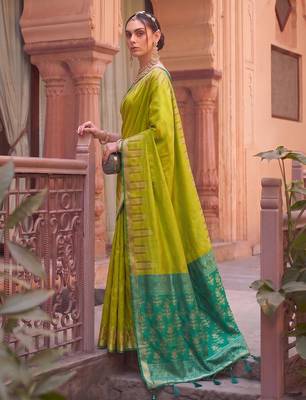green  colour dola silk blend printed saree with blouse  2