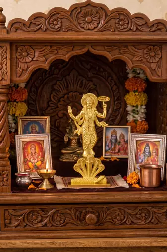 Brass gold standing vishnu spiritual idol stand