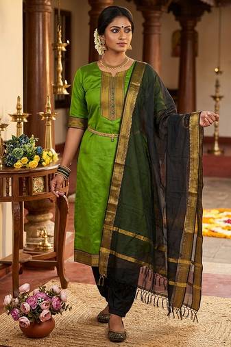 Mahendi woven jaquard straight kurti dupatta with pant