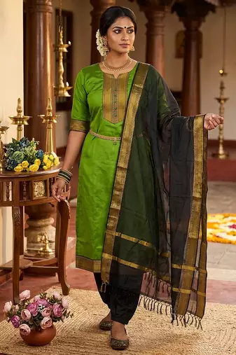 Mahendi woven jaquard straight kurti dupatta with pant