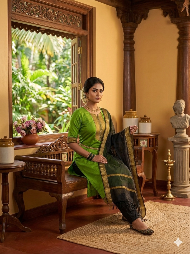 Mahendi woven jaquard straight kurti dupatta with pant