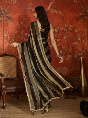 Black & gold tissue satin sequins saree with unstitched blouse piece. 4