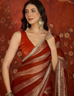 Orange & gold tissue satin sequins saree with unstitched blouse piece. 3