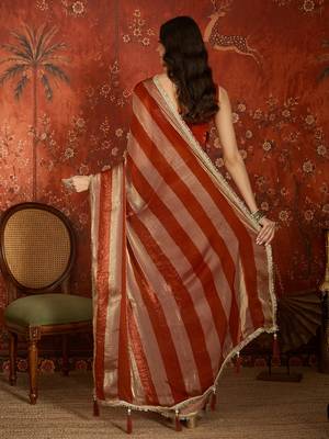 Orange & gold tissue satin sequins saree with unstitched blouse piece. 4