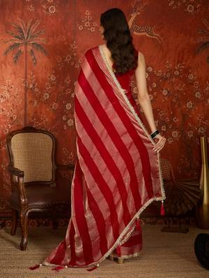Rani & gold tissue satin sequins saree with unstitched blouse piece. 4