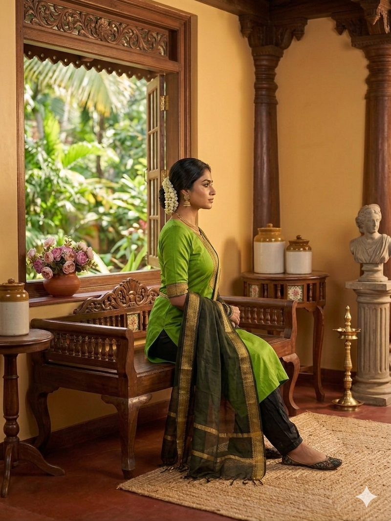 Mahendi woven jaquard straight kurti dupatta with pant