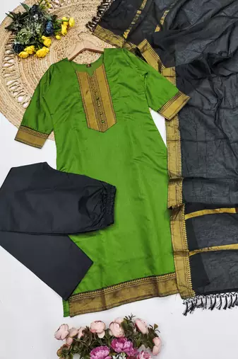 Mahendi woven jaquard straight kurti dupatta with pant