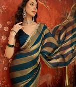 Teal & gold tissue satin sequins saree with unstitched blouse piece.