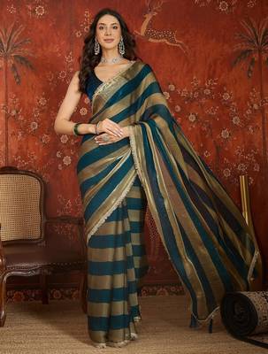Teal & gold tissue satin sequins saree with unstitched blouse piece. 2
