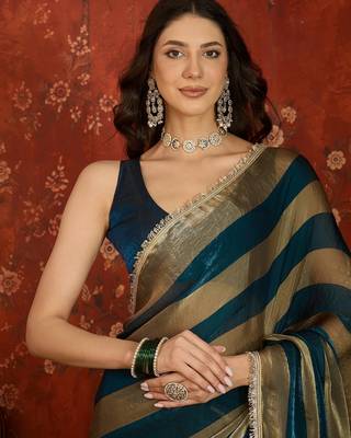 Teal & gold tissue satin sequins saree with unstitched blouse piece. 3
