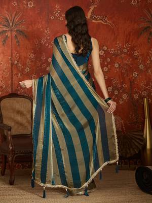 Teal & gold tissue satin sequins saree with unstitched blouse piece. 4
