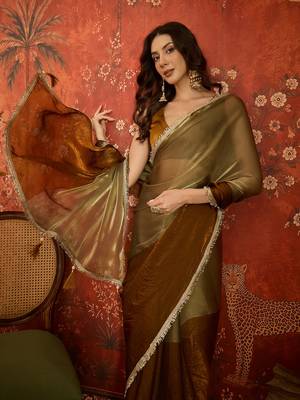 Brown & gold tissue satin sequins saree with unstitched blouse piece. 1
