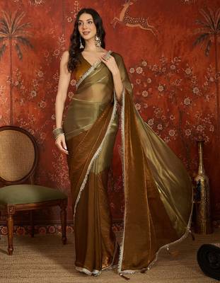 Brown & gold tissue satin sequins saree with unstitched blouse piece. 2