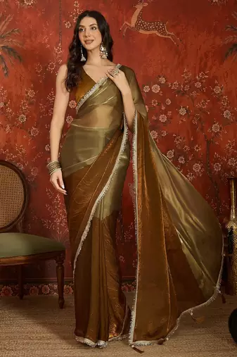 Brown & gold tissue satin sequins saree with unstitched blouse piece.