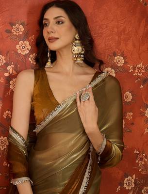 Brown & gold tissue satin sequins saree with unstitched blouse piece. 3