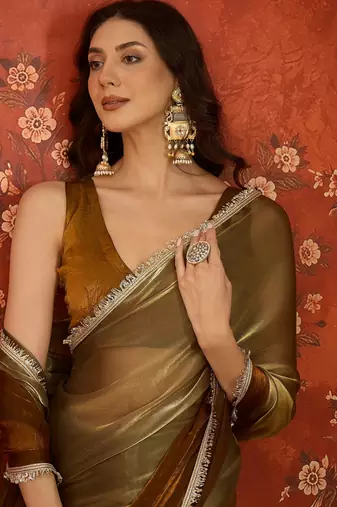 Brown & gold tissue satin sequins saree with unstitched blouse piece.