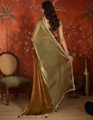 Brown & gold tissue satin sequins saree with unstitched blouse piece. 4