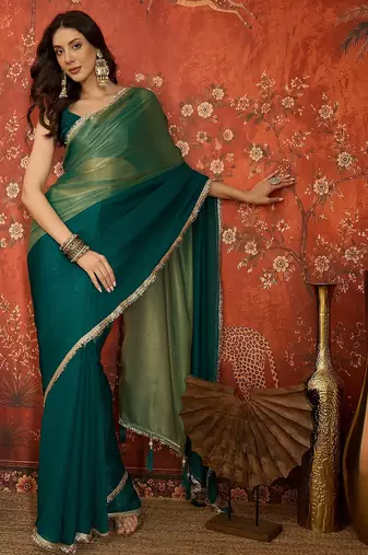 Rama & gold tissue satin sequins saree with unstitched blouse piece.