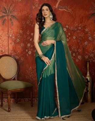 Rama & gold tissue satin sequins saree with unstitched blouse piece. 2