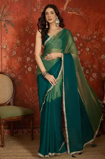 Rama & gold tissue satin sequins saree with unstitched blouse piece.