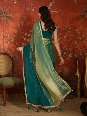 Rama & gold tissue satin sequins saree with unstitched blouse piece. 4