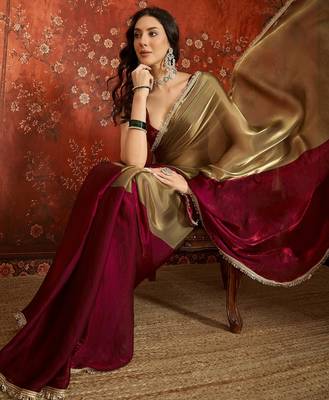 Wine & gold tissue satin sequins saree with unstitched blouse piece. 1