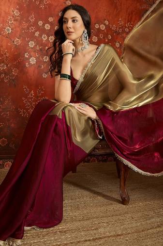 Wine & gold tissue satin sequins saree with unstitched blouse piece.