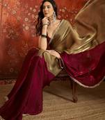 Wine & gold tissue satin sequins saree with unstitched blouse piece.