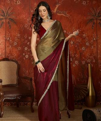 Wine & gold tissue satin sequins saree with unstitched blouse piece. 2