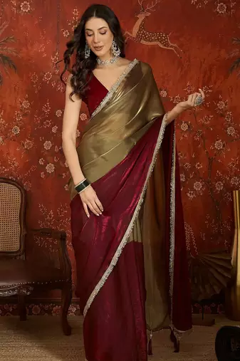 Wine & gold tissue satin sequins saree with unstitched blouse piece.