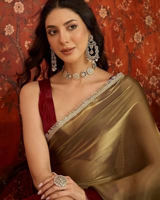 Wine & gold tissue satin sequins saree with unstitched blouse piece. 3