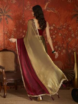 Wine & gold tissue satin sequins saree with unstitched blouse piece. 4