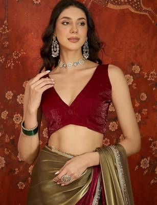Wine & gold tissue satin sequins saree with unstitched blouse piece. 5