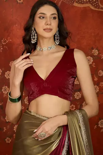 Wine & gold tissue satin sequins saree with unstitched blouse piece.