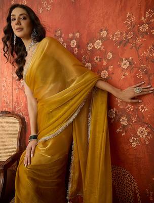Yellow & gold tissue satin sequins saree with unstitched blouse piece. 2