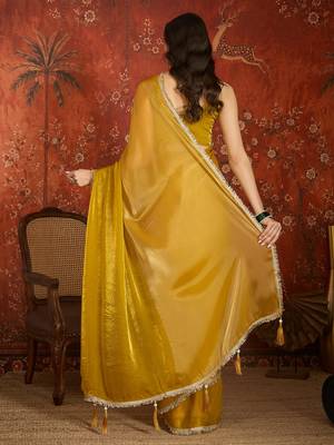 Yellow & gold tissue satin sequins saree with unstitched blouse piece. 4