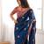 Navy blue tissue satin embroidered saree with unstitched blouse piece.