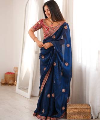 Navy blue tissue satin embroidered saree with unstitched blouse piece. 3