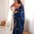 Navy blue tissue satin embroidered saree with unstitched blouse piece.