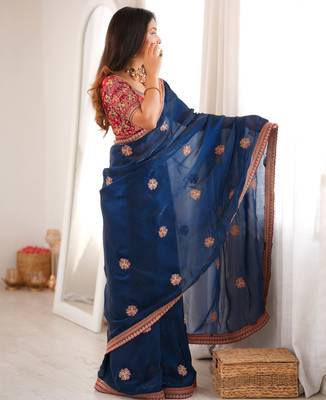 Navy blue tissue satin embroidered saree with unstitched blouse piece. 4