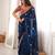 Navy blue tissue satin embroidered saree with unstitched blouse piece.