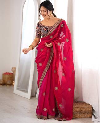 Rani tissue satin embroidered saree with unstitched blouse piece. 3