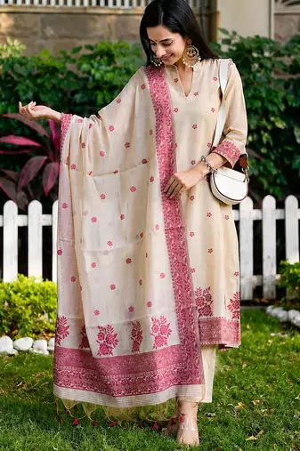 Cream handwoven jamdani kurti with dupatta and pant