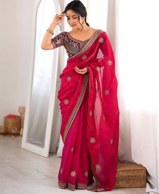 Rani tissue satin embroidered saree with unstitched blouse piece. 5