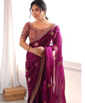 Wine tissue satin embroidered saree with unstitched blouse piece. 2