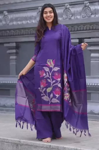 Violet woven jaquard kurti dupatta with pant