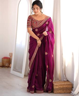 Wine tissue satin embroidered saree with unstitched blouse piece. 1